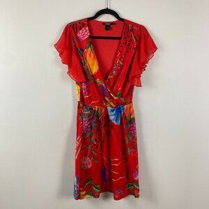Desigual Miranda Flutter Sleeve Dress Size Large Surplice Neckline Red Floral